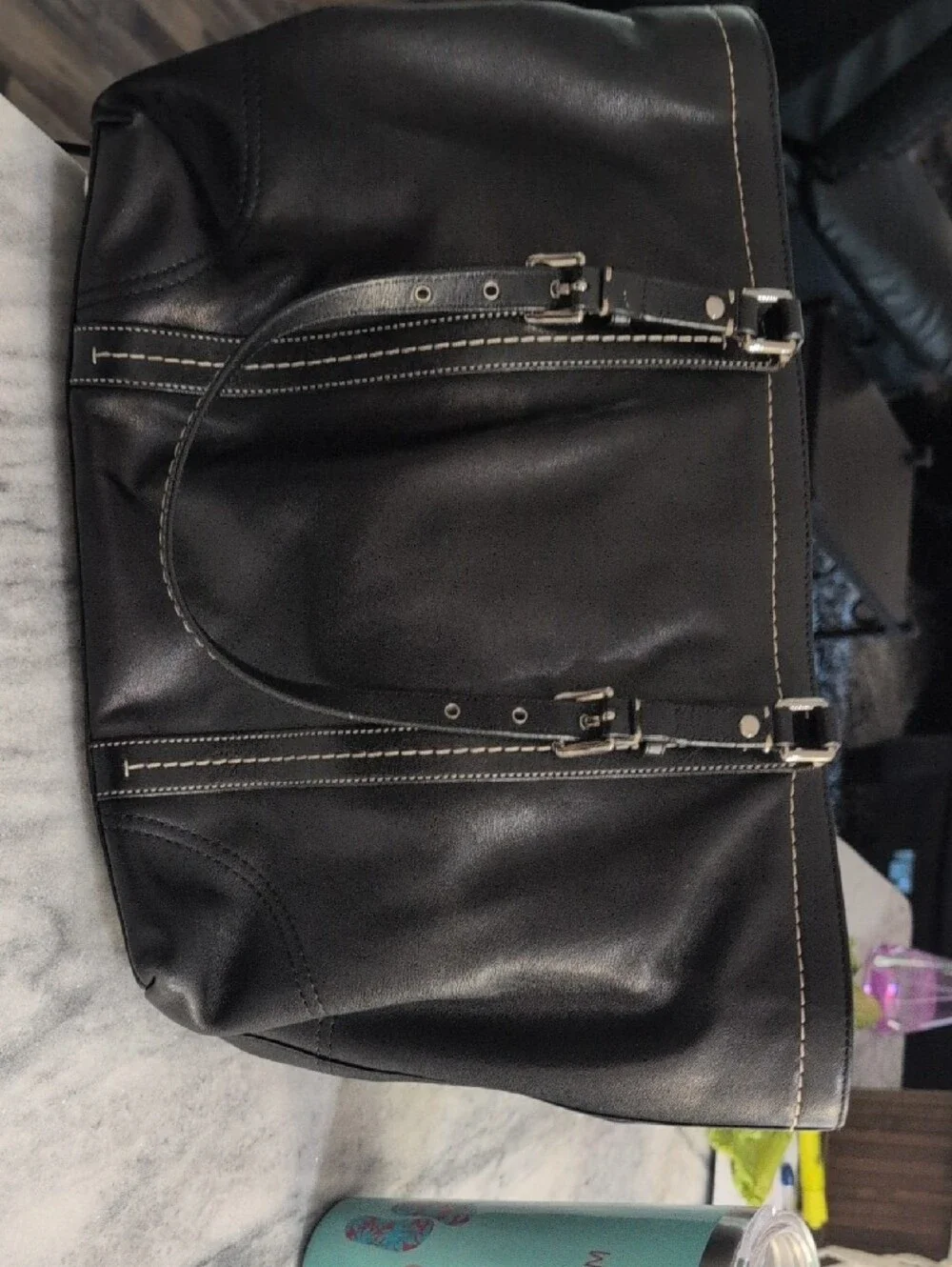 Coach Black Leather Duffel Bag with Contrast Stitching